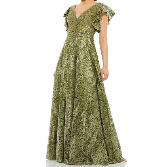 NWT MAC DUGGAL EMBROIDERED FLUTTER V-NECK FLUTTER SLEEVE GOWN OLIVE 20310 sz 16 - Picture 6 of 10